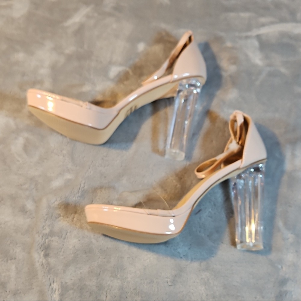 Katy Perry Nude Patent Strappy Block Heel Ankle Strap Open Toe Buckle Size 10 - Picture 2 of 5